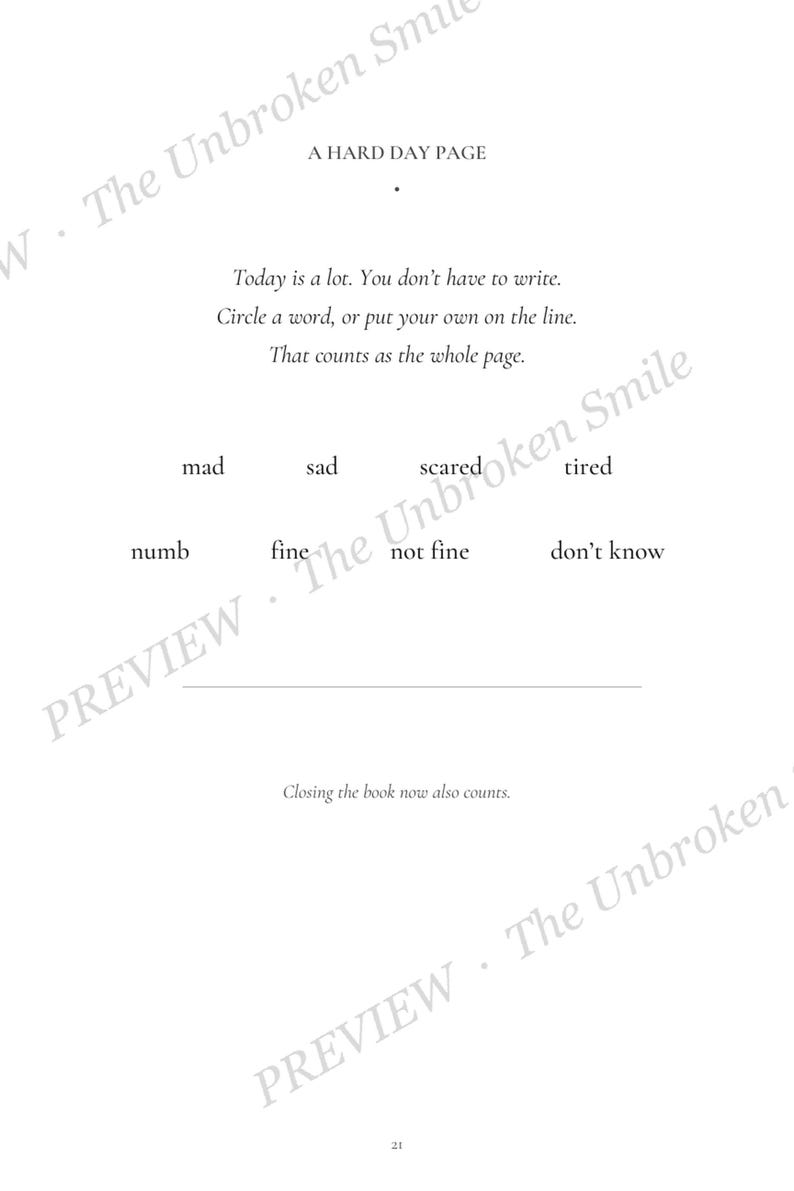 Hard Day page where a child may circle one feeling or type one word instead of completing a full journal entry.