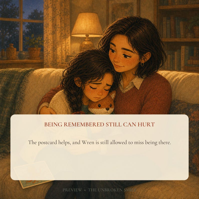 Illustrated story preview of Wren at home after missing the aquarium field trip.