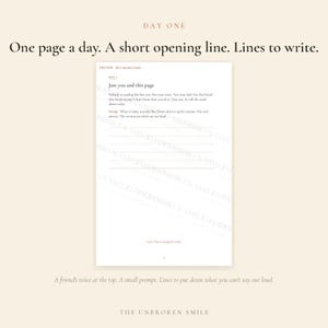 May include: A journal page titled DAY ONE with the text One page a day. A short opening line. Lines to write. The page includes the heading Just you and this page, a prompt asking What is today actually like?, blank writing lines, and the text Good. That is enough for today.