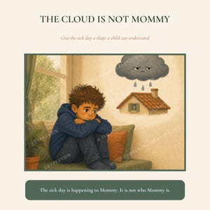 May include: A digital illustration titled THE CLOUD IS NOT MOMMY featuring a child with brown hair in a blue hoodie sitting on a green sofa. Above the child, a gray rain cloud hangs over a small house. The text reads: Give the sick day a shape a child can understand. The sick day is happening to Mommy. It is not who Mommy is.
