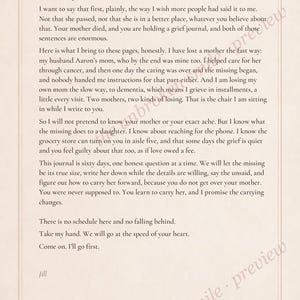 May include: A printed page titled A letter from Jill, featuring black text on a light beige background. The letter discusses grief and a sixty-day journal. A small floral illustration is in the bottom right corner with the text theunbrokensmile.com.