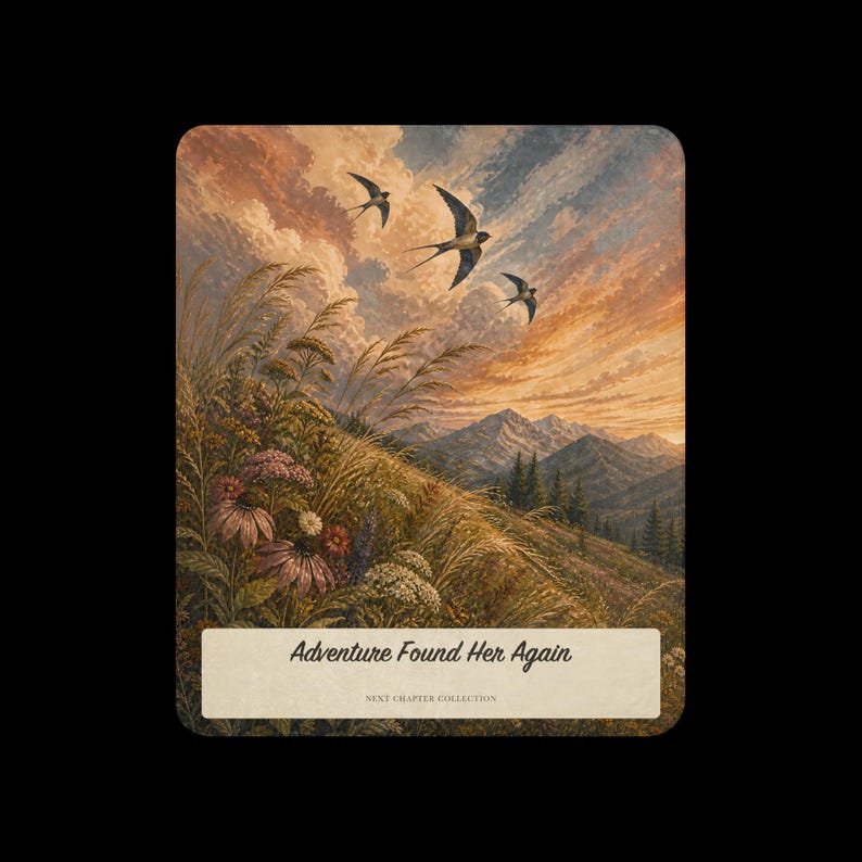 K&ouml;nnte beinhalten: Ein rechteckiger Druck mit einer Landschaft aus grasbewachsenem H&uuml;gel, Wildblumen und drei V&ouml;geln vor einem Sonnenuntergangshimmel. Ein cremefarbenes Etikett unten zeigt den Text Adventure Found Her Again und NEXT CHAPTER COLLECTION.