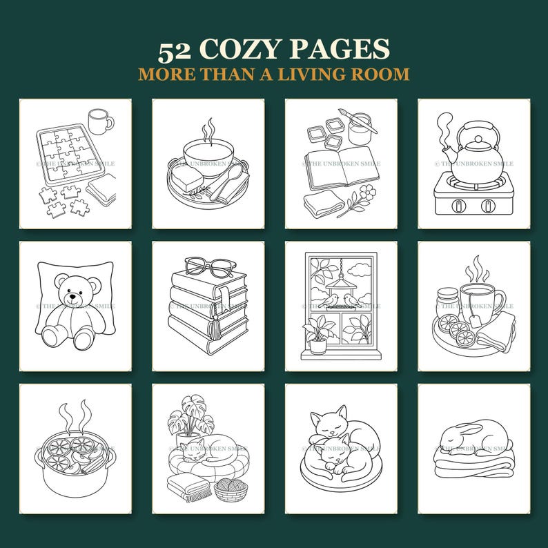 May include: A coloring book titled 52 COZY PAGES MORE THAN A LIVING ROOM featuring twelve black and white line art illustrations of domestic scenes including a puzzle, tea, books, a teddy bear, a window, a pot of stew, cats, and a rabbit.