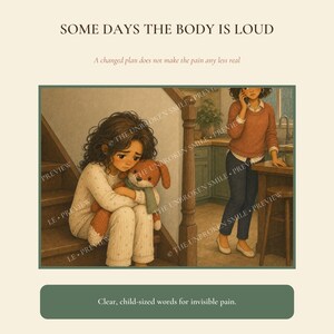 Pu&ograve; includere: Un'illustrazione intitolata SOME DAYS THE BODY IS LOUD, A changed plan does not make the pain any less real. Un bambino con i capelli ricci siede su una scala di legno abbracciando un cane di peluche. Una persona &egrave; in cucina al telefono. Testo: Clear, child-sized words for invisible pain.