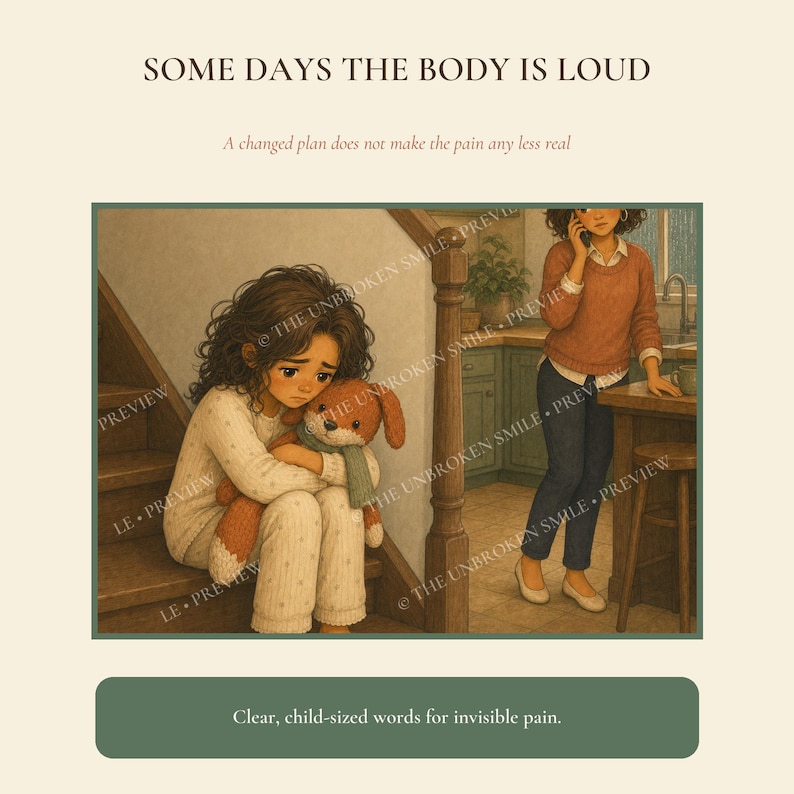 Pu&ograve; includere: Un'illustrazione intitolata SOME DAYS THE BODY IS LOUD, A changed plan does not make the pain any less real. Un bambino con i capelli ricci siede su una scala di legno abbracciando un cane di peluche. Una persona &egrave; in cucina al telefono. Testo: Clear, child-sized words for invisible pain.