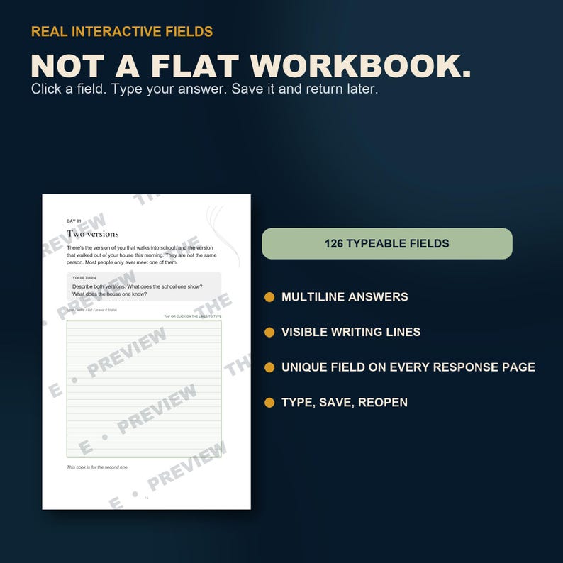 May include: A digital workbook page featuring interactive fields with the text REAL INTERACTIVE FIELDS, NOT A FLAT WORKBOOK. Click a field. Type your answer. Save it and return later. It includes 126 TYPEABLE FIELDS, multiline answers, visible writing lines, and the ability to type, save, and reopen.