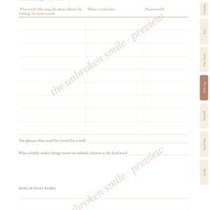 May include: A white planner page titled What Calms Her with a table for tracking calming methods, including columns for what works, when it works best, and discovered by. It features sections for phrases that reach her and what makes things worse.