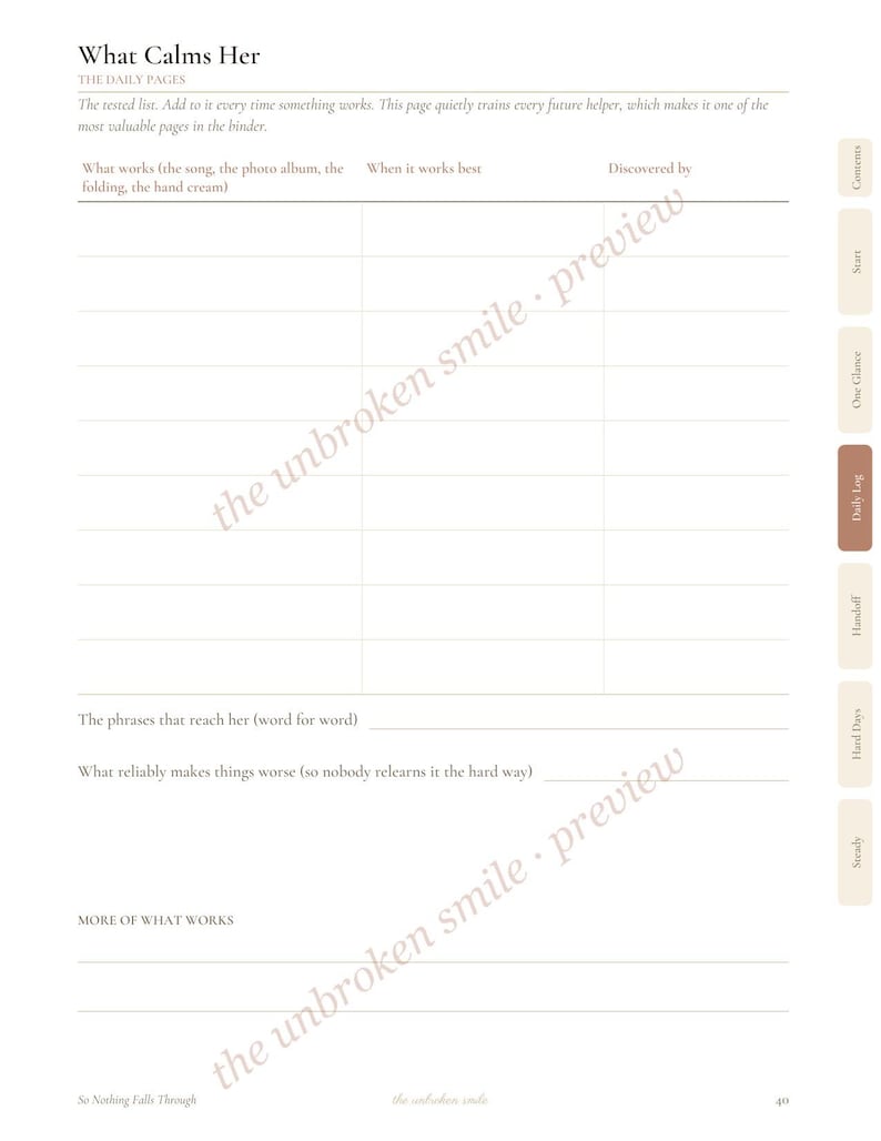 May include: A white planner page titled What Calms Her with a table for tracking calming methods, including columns for what works, when it works best, and discovered by. It features sections for phrases that reach her and what makes things worse.