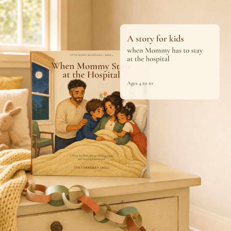 Paperback-style mockup of a children’s story about Mom staying in the hospital