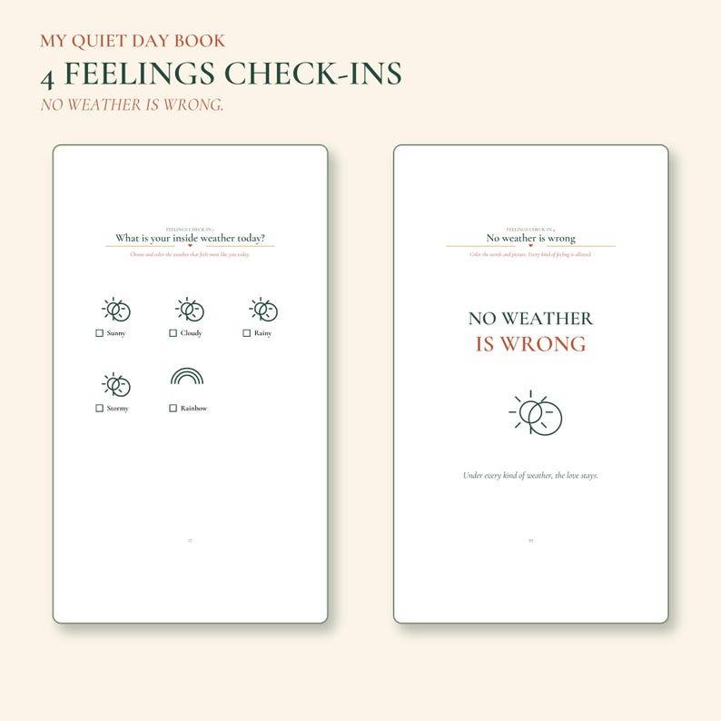 May include: Two pages from a book titled My Quiet Day Book: 4 Feelings Check-ins. The left page asks What is your inside weather today? with icons for Sunny, Cloudy, Rainy, Stormy, and Rainbow. The right page features the text No weather is wrong.