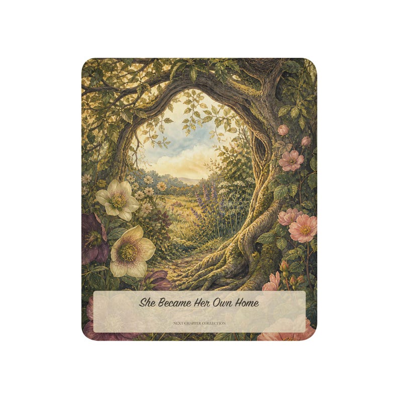May include: A rectangular print featuring a lush forest archway made of tree branches and leaves, framing a meadow with flowers. The text reads She Became Her Own Home and NEXT CHAPTER COLLECTION in a light-colored rectangular overlay at the bottom.