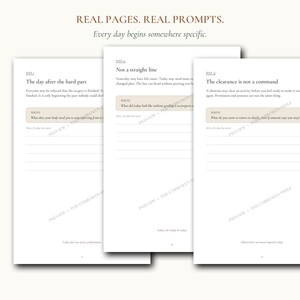Puede incluir: Tres p&aacute;ginas de diario blancas con texto negro y una marca de agua que dice PREVIEW THE UNBROKEN SMILE. Las p&aacute;ginas presentan encabezados como Day 4, Day 21 y Day 32, con indicaciones como The day after the hard part, Not a straight line y The clearance is not a command.