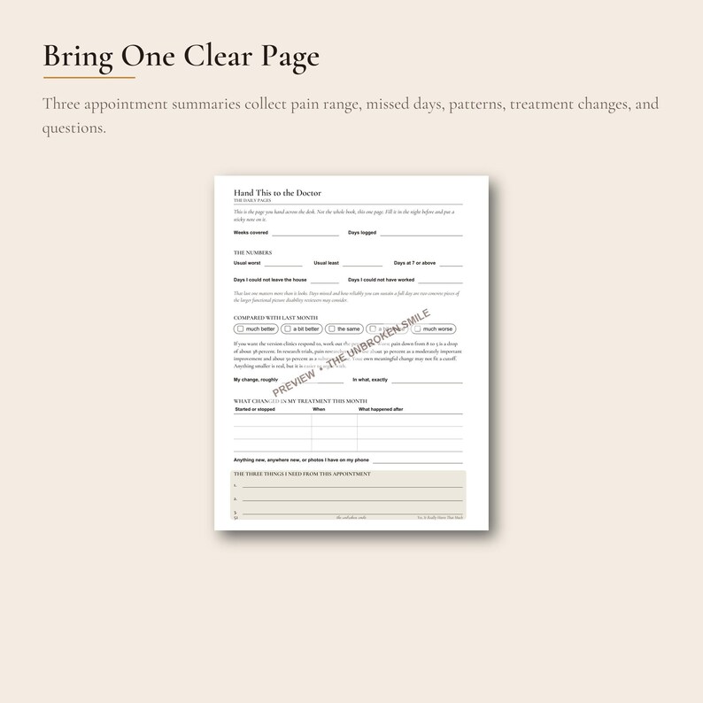 May include: A white medical tracking form titled Hand This to the Doctor with sections for logging pain levels, treatment changes, and appointment questions. The document includes blank lines for notes and a section for three specific needs from the appointment.