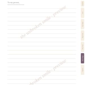 May include: A white lined journal page titled A Letter: To My Person, featuring the subtitle The Heart Pages and a prompt. The right side displays vertical tabs labeled Contents, Start, Easy Pages, Paperwork, Who Stays, Heart Pages, and Updates.