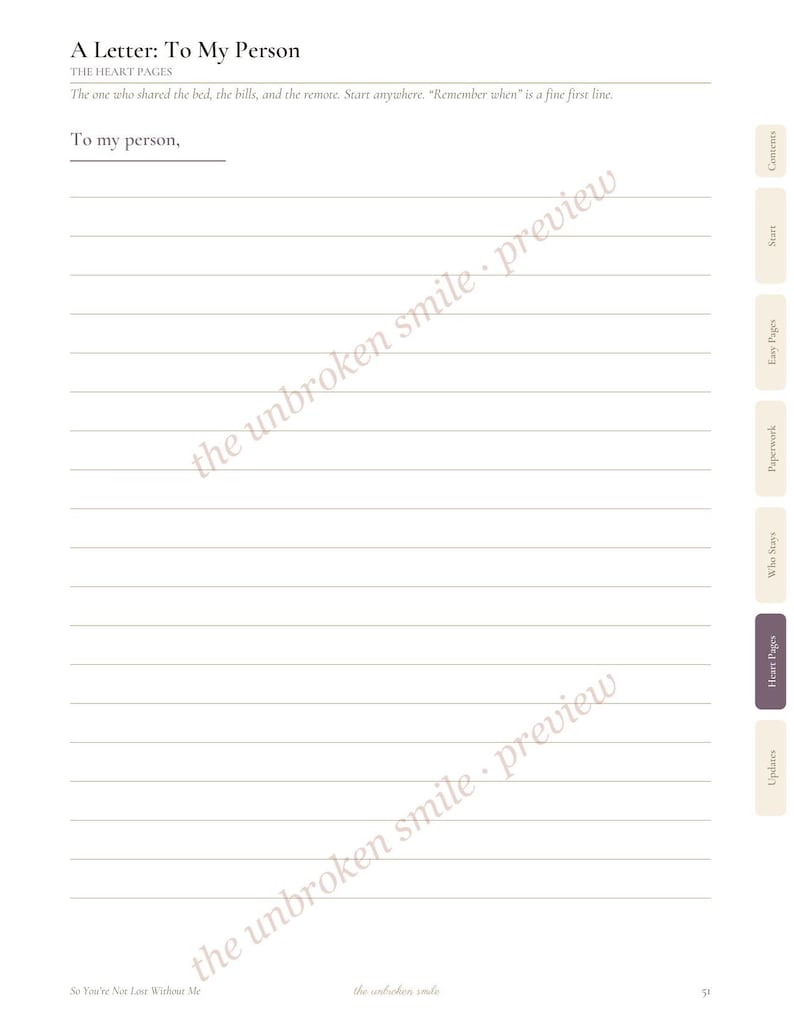 May include: A white lined journal page titled A Letter: To My Person, featuring the subtitle The Heart Pages and a prompt. The right side displays vertical tabs labeled Contents, Start, Easy Pages, Paperwork, Who Stays, Heart Pages, and Updates.