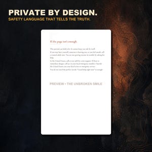 May include: A white rectangular page with black text titled If the page isn't enough. The text provides crisis support information, including the 988 number for the United States. At the bottom, the text reads PREVIEW THE UNBROKEN SMILE.