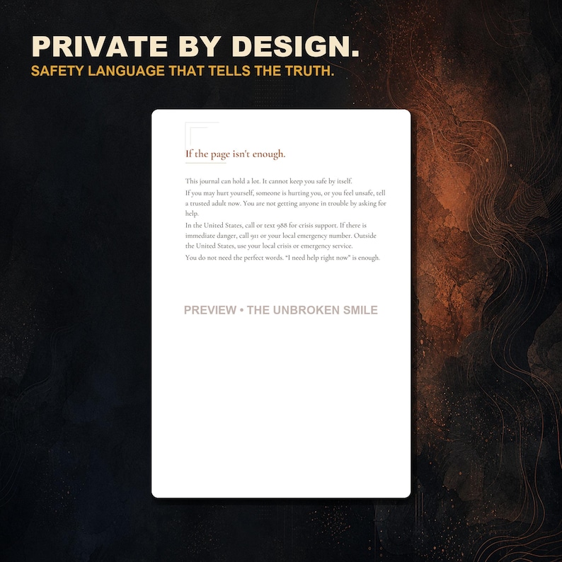 May include: A white rectangular page with black text titled If the page isn't enough. The text provides crisis support information, including the 988 number for the United States. At the bottom, the text reads PREVIEW THE UNBROKEN SMILE.