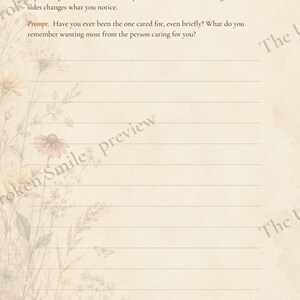 May include: A journal page titled Day 5 Knowing both sides, featuring text about caregiving and a prompt. The page has light beige paper with a delicate floral illustration on the left side, including pink and yellow flowers, and horizontal lines.