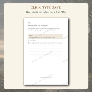 Puede incluir: Una p&aacute;gina de diario digital con el texto CLICK. TYPE. SAVE. Real multiline fields, not a flat PDF. La p&aacute;gina se titula Day 1: The day after the hard part e incluye una pregunta sobre qu&eacute; necesita su cuerpo dejar de esperar hoy.
