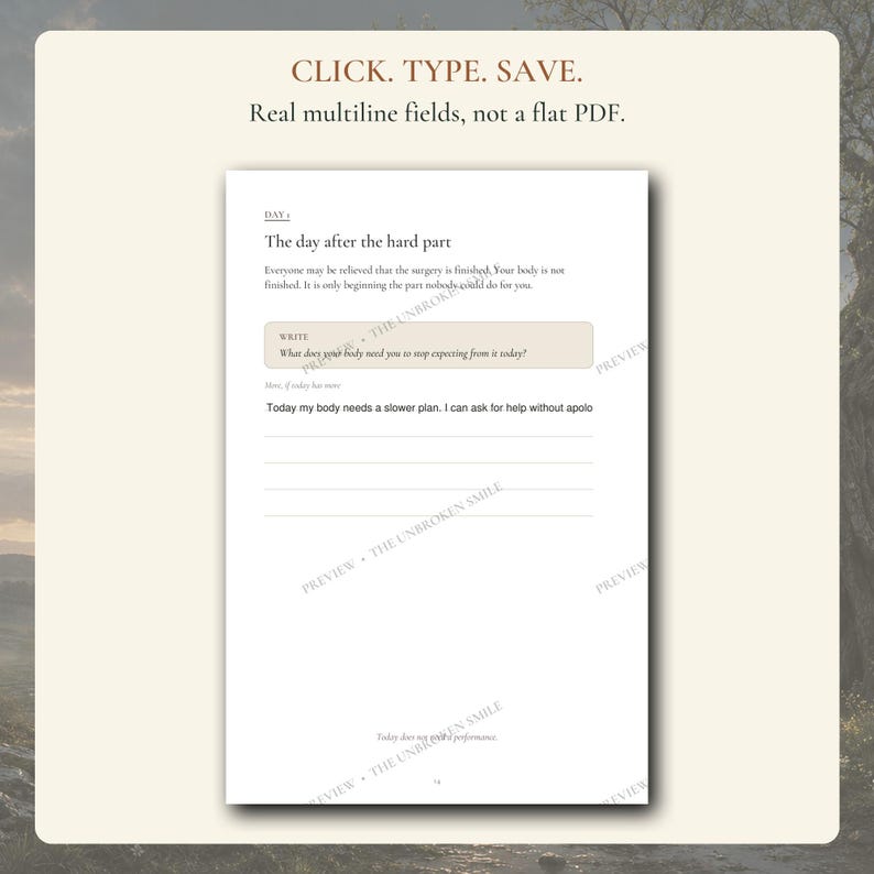Puede incluir: Una p&aacute;gina de diario digital con el texto CLICK. TYPE. SAVE. Real multiline fields, not a flat PDF. La p&aacute;gina se titula Day 1: The day after the hard part e incluye una pregunta sobre qu&eacute; necesita su cuerpo dejar de esperar hoy.