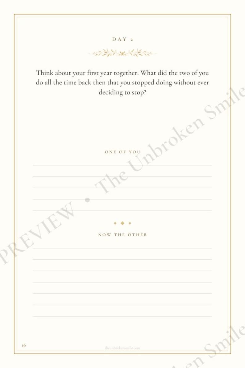 Watermarked Day 2 journal prompt showing separate ruled answer spaces for each partner.