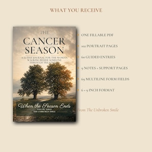 May include: A digital journal titled The Cancer Season, featuring a landscape cover with two trees under a cloudy sky. The text lists contents: one fillable PDF, 102 portrait pages, 60 guided entries, 9 notes and support pages, 69 multiline form fields, and a 6x9 inch format.