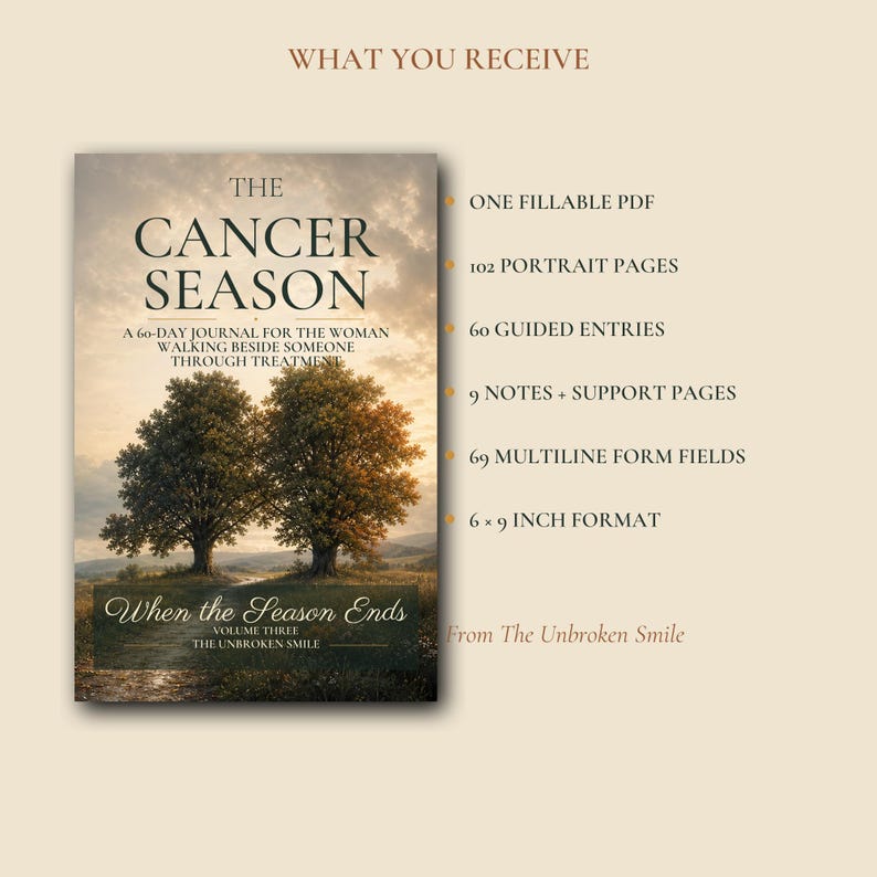 May include: A digital journal titled The Cancer Season, featuring a landscape cover with two trees under a cloudy sky. The text lists contents: one fillable PDF, 102 portrait pages, 60 guided entries, 9 notes and support pages, 69 multiline form fields, and a 6x9 inch format.