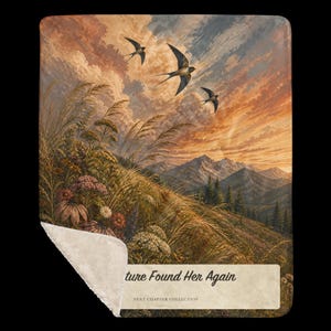 K&ouml;nnte beinhalten: Eine rechteckige Wohndecke mit einer Landschaftsillustration eines grasbewachsenen H&uuml;gels mit Wildblumen, drei fliegenden V&ouml;geln und fernen Bergen unter einem Sonnenuntergangshimmel. Der Text lautet Nature Found Her Again und NEXT CHAPTER COLLECTION.