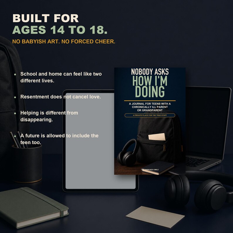 May include: A book titled Nobody Asks How I'm Doing, a journal for teens with a chronically ill parent or grandparent. The cover features a black backpack, headphones, and a notebook on a dark surface. Text includes Built for ages 14 to 18.