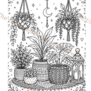 May include: Black and white line art illustration of various potted plants, including hanging plants, succulents, and leafy plants. A decorative lantern and a crescent moon with stars are also featured. The Unbroken Smile is written at the bottom.