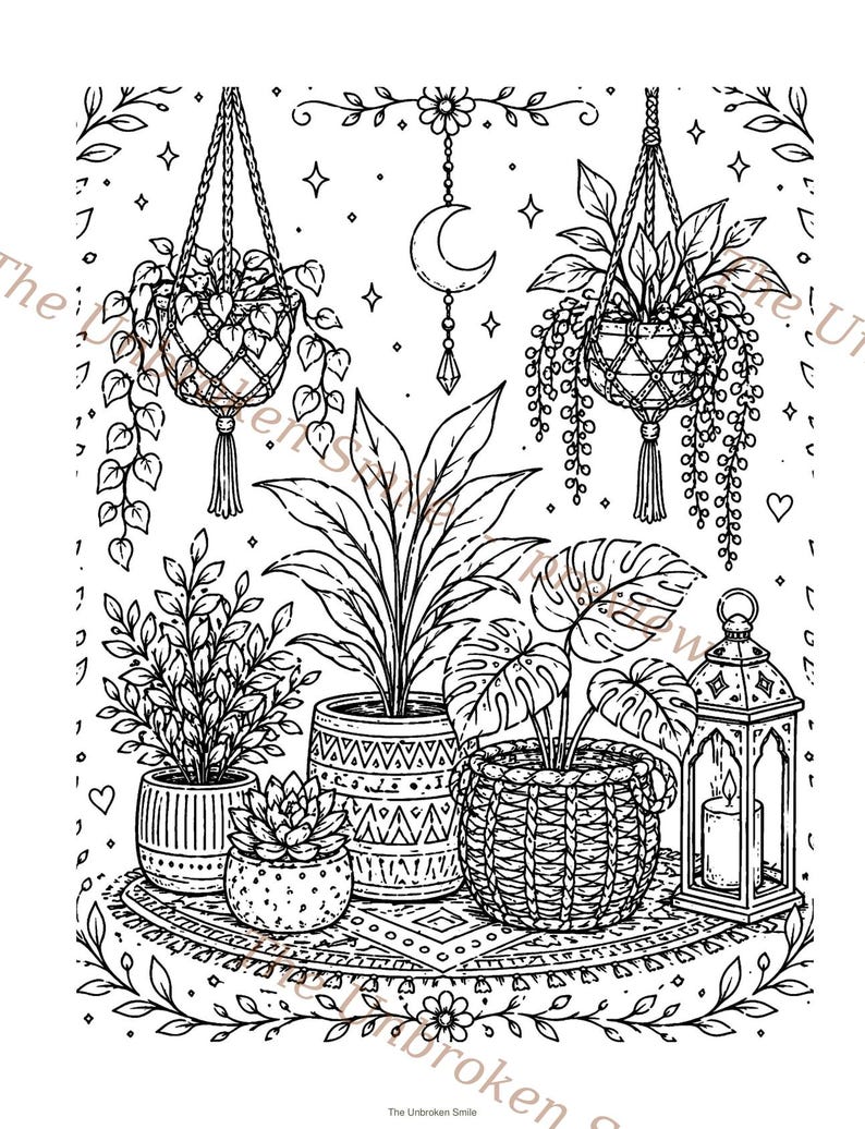 May include: Black and white line art illustration of various potted plants, including hanging plants, succulents, and leafy plants. A decorative lantern and a crescent moon with stars are also featured. The Unbroken Smile is written at the bottom.