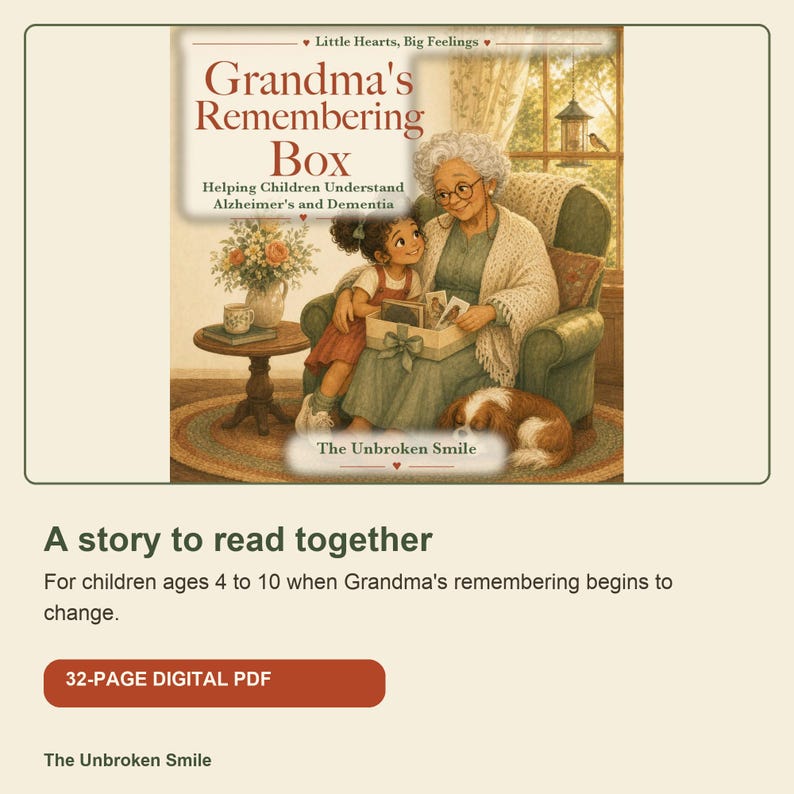 Pu&ograve; includere: Una copertina di libro intitolata Grandma's Remembering Box, Helping Children Understand Alzheimer's and Dementia, con un'illustrazione di una nonna e un bambino che guardano foto in una scatola, con un cane e il testo The Unbroken Smile.