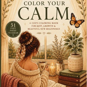 May include: A cozy coloring book titled "Color Your Calm" with 51 pages to color. The image shows a woman sitting by a window, holding a mug. The book's cover features a butterfly and floral accents. The text reads "A cozy coloring book for rest, growth & beautiful new beginnings."