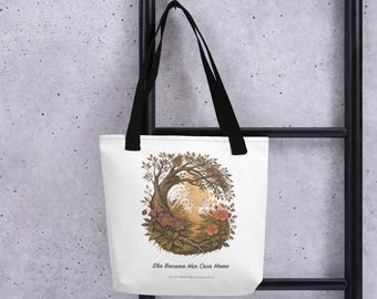 She Became Her Own Home Tote Bag, Midlife Empowerment Gift, Botanical Book Bag
