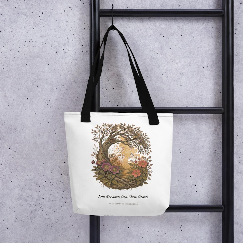 She Became Her Own Home botanical book tote bag