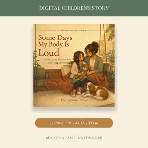 Pu&ograve; includere: Una copertina di un libro digitale per bambini intitolata Some Days My Body Is Loud, A Story About Invisible Pain and Feeling Seen di The Unbroken Smile. Presenta un'illustrazione di due persone su un'altalena da veranda con un cane e un orsetto.