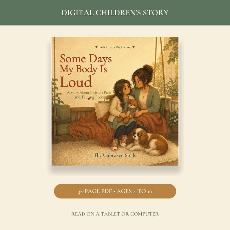 Pu&ograve; includere: Una copertina di un libro digitale per bambini intitolata Some Days My Body Is Loud, A Story About Invisible Pain and Feeling Seen di The Unbroken Smile. Presenta un'illustrazione di due persone su un'altalena da veranda con un cane e un orsetto.