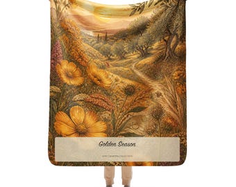 Botanische Decke „Goldene Jahreszeit“, Geschenkidee für Frauen in der Lebensmitte, Kuscheldecke für einen Neuanfang
