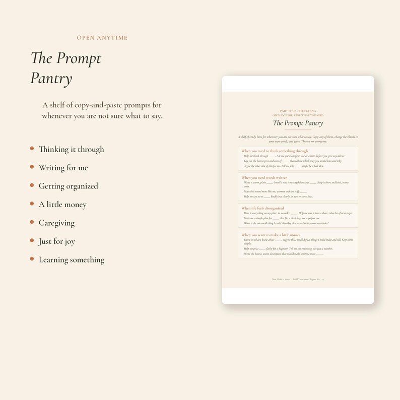 May include: A digital notepad with the title "The Prompt Pantry" and the text "A shelf of copy-and-paste prompts for whenever you are not sure what to say." The notepad includes prompts for thinking, writing, organizing, money, caregiving, joy, and learning.