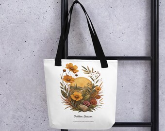 Golden Season Tote Bag, Botanical Book Bag, Midlife Gift for Women Over 40