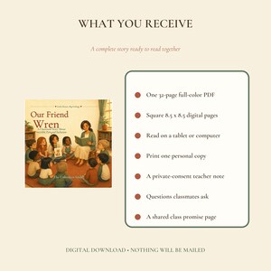 Product contents showing a 32-page digital story, teacher note, questions page, and class promise.
