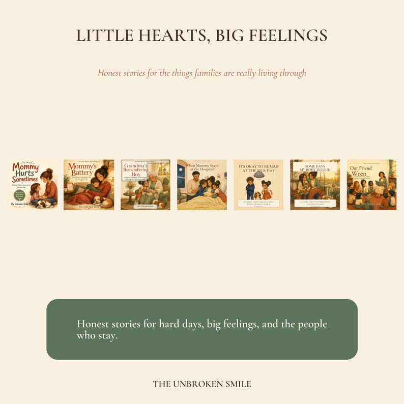 Little Hearts Big Feelings children's book series lineup featuring The Unbroken Smile characters.