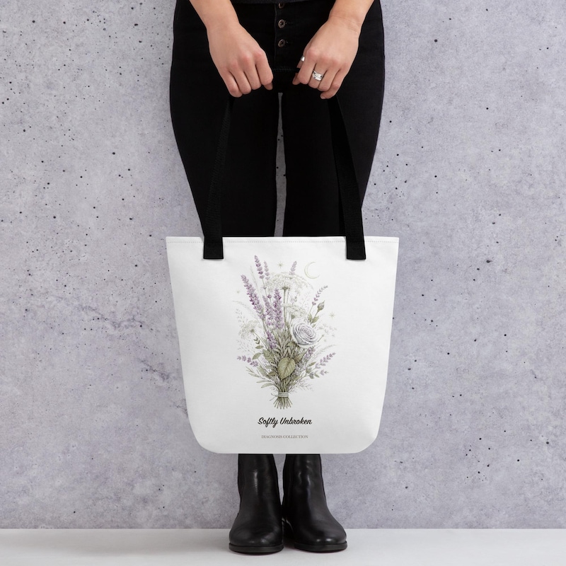Softly Unbroken lavender fibromyalgia tote bag