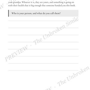 Day 1 journal page titled The person, with a prompt asking who the child's person is and ruled fillable response space.