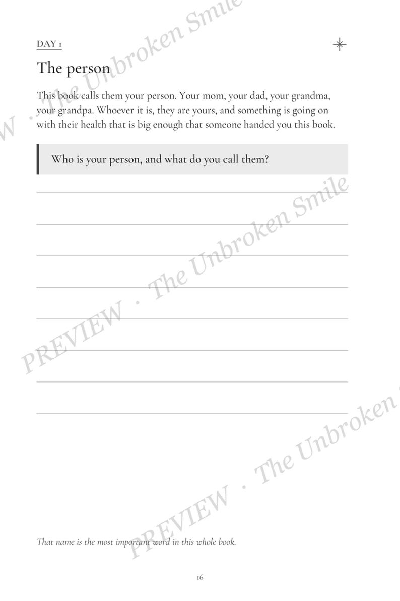 Day 1 journal page titled The person, with a prompt asking who the child's person is and ruled fillable response space.