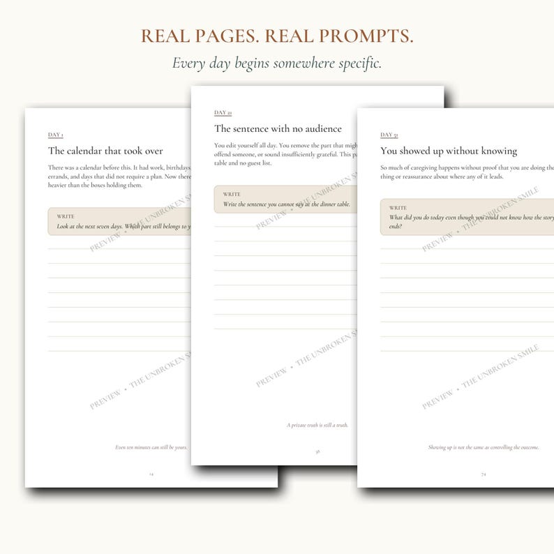 May include: Three white journal pages with black text titled REAL PAGES. REAL PROMPTS. Every day begins somewhere specific. Each page features a daily prompt, such as The calendar that took over, with lined writing sections and a watermark.