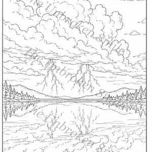 Peut inclure: Illustration en noir et blanc d'un paysage avec un lac, des montagnes et des nuages. Des &eacute;clairs frappent au-dessus des montagnes. The Unbroken Smile est &eacute;crit dans l'image.