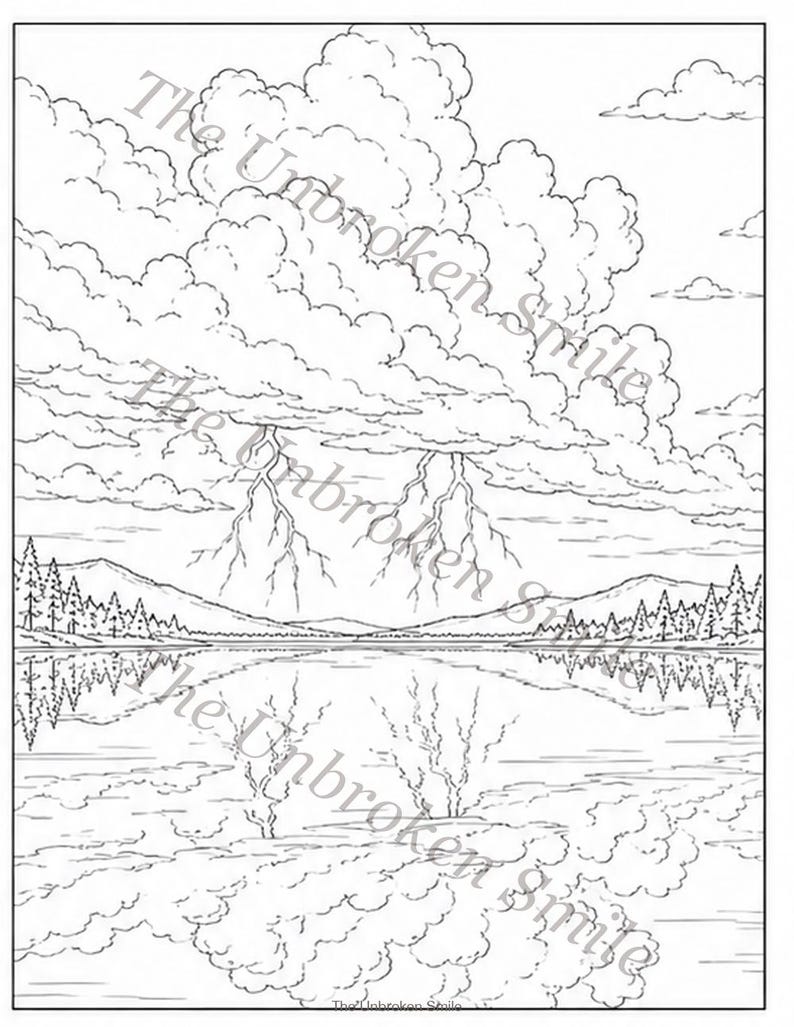 Peut inclure: Illustration en noir et blanc d'un paysage avec un lac, des montagnes et des nuages. Des &eacute;clairs frappent au-dessus des montagnes. The Unbroken Smile est &eacute;crit dans l'image.