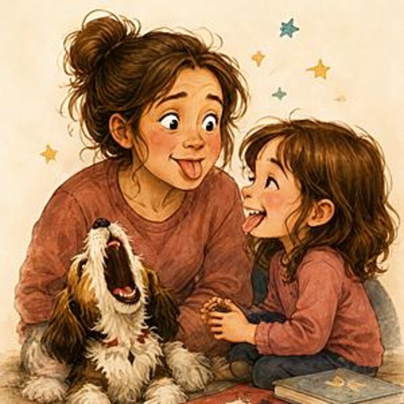 Może przedstawiać: Cyfrowa ilustracja przedstawiająca młodą osobę z brązowymi włosami upiętymi w kok oraz mniejsze dziecko z falowanymi brązowymi włosami, oboje zabawnie wystawiają języki. Pomiędzy nimi siedzi puszysty brązowo-biało-czarny pies z otwartym pyskiem.