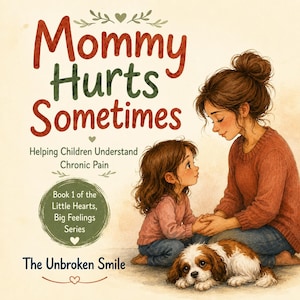 Może przedstawiać: Okładka książki z tytułem Mommy Hurts Sometimes, Helping Children Understand Chronic Pain, Book 1 of the Little Hearts, Big Feelings Series, The Unbroken Smile. Przedstawia ilustrację osoby i dziecka trzymających się za ręce oraz psa.